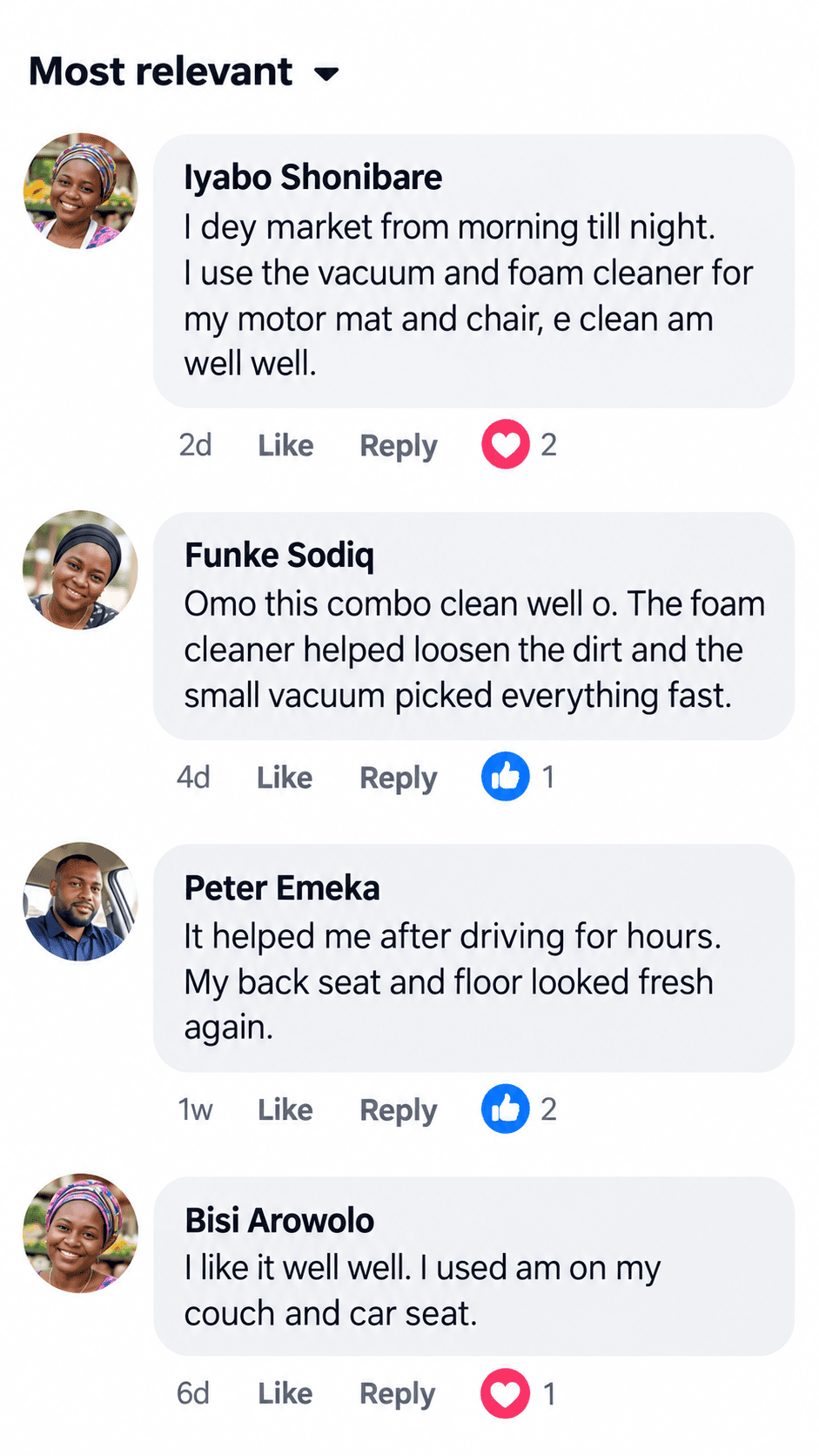 Facebook comment from a verified buyer of the 3-in-1 cleaning kit