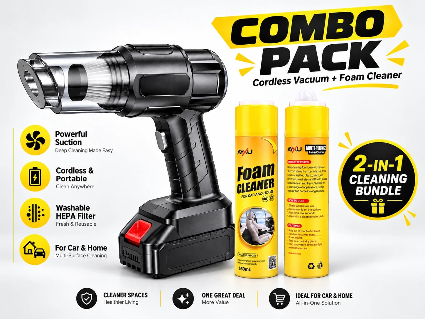 Vacuum cleaner combo package with free foam cleaner bonus